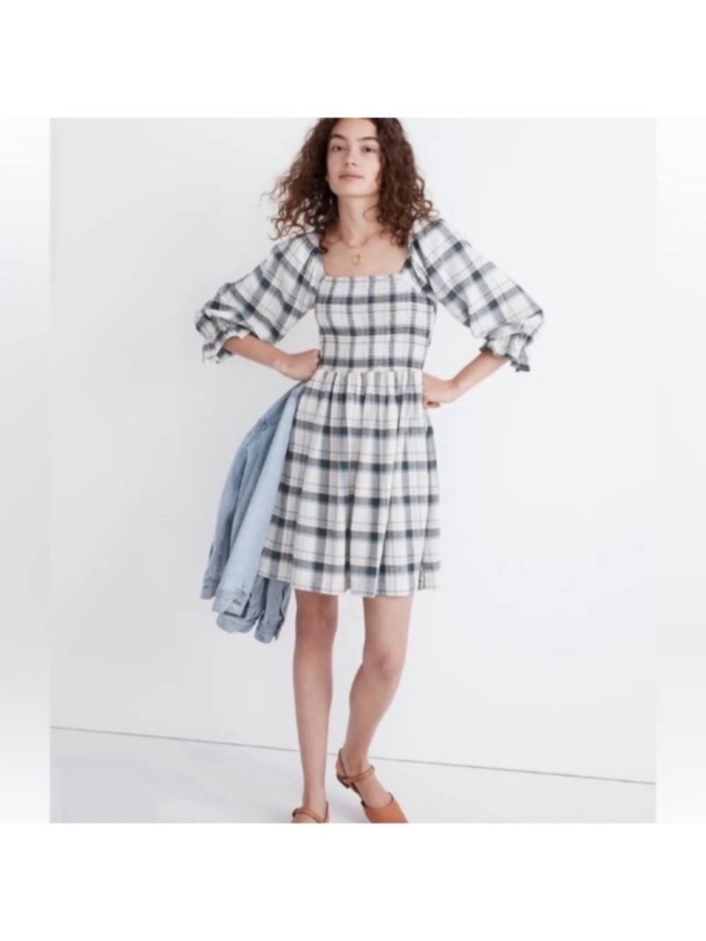 Madewell Lucie Plaid Square-Neck Smocked Mini Dress size S - Picture 3 of 10